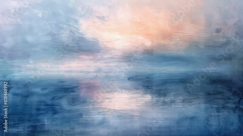 A hazy image of a lake surrounded by trees, with the sun reflecting in the water. The sky is a mix of tints and shades, creating a natural landscape with an electric blue hue AIG50