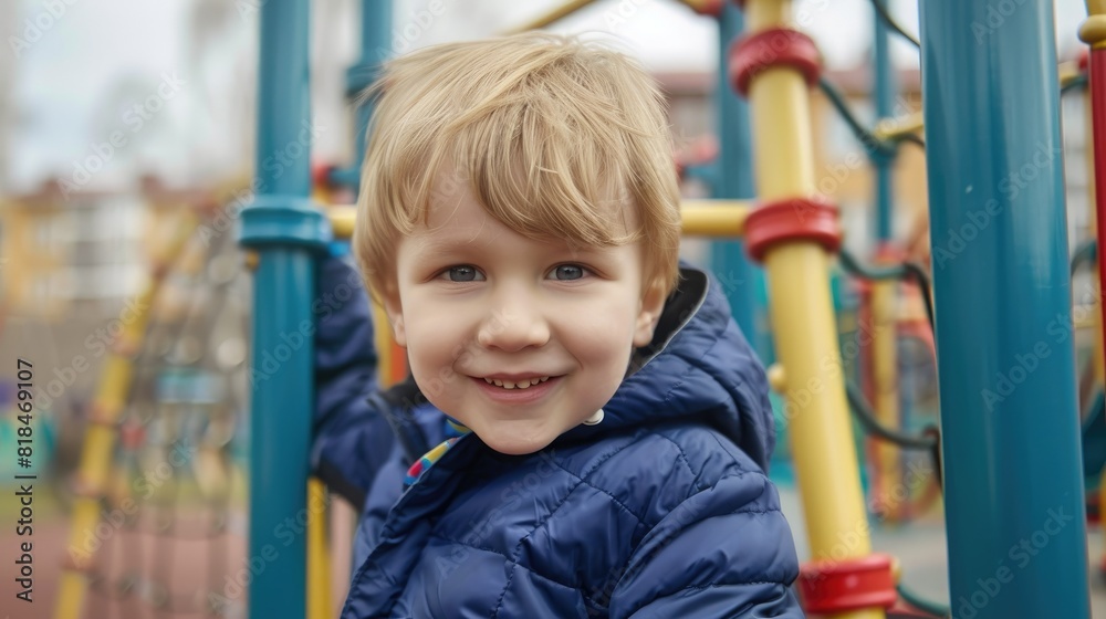 Portrait of happy little boy on outdoor playground in kindergarten, happy child, lifestyle Portrait of happy little boy on outdoor playground in kindergarten, happy child, lifestyle