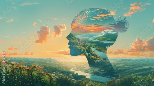 Tranquil illustration showcasing a human head silhouette filled with a serene landscape of rolling hills, a flowing river, and a vibrant sunset.  #818469545