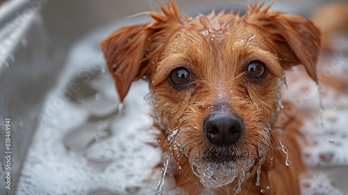 Pet Bathing, Close-Up of Dog with Soap Suds, Ideal for Pet Care or Grooming Themes