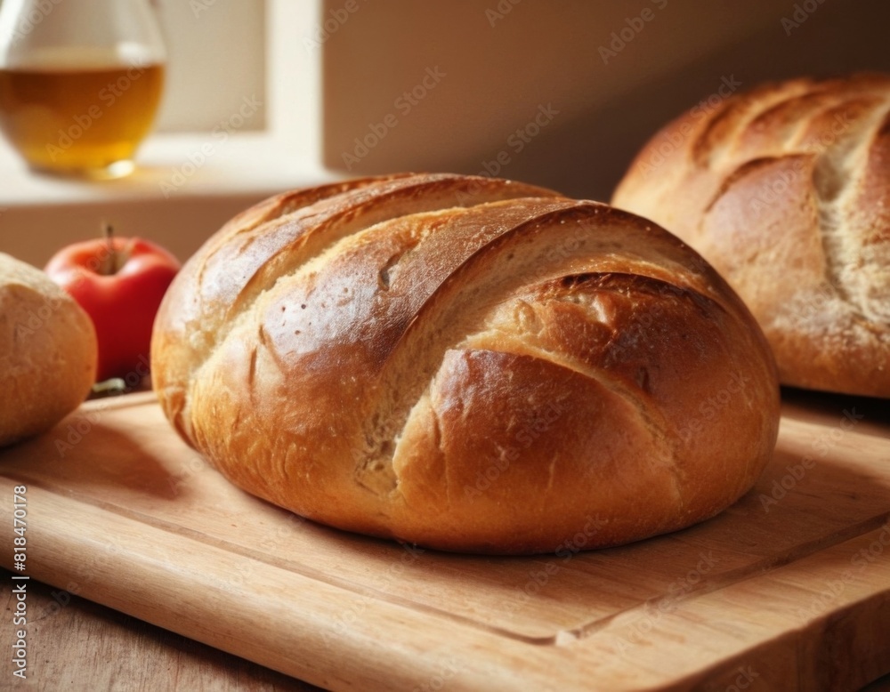 A long loaf of bread sits on a wooden cutting board A long loaf of bread sits on a wooden cutting board