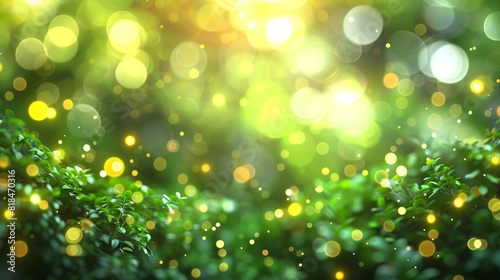 An abstract blur bokeh banner background with green and yellow bokeh lights creating a fresh, spring-like atmosphere.