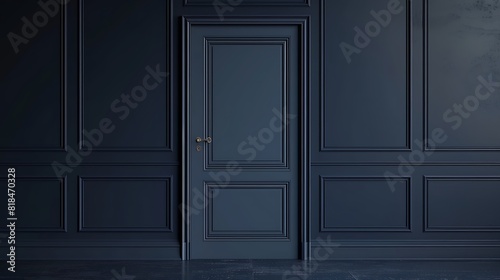 Closed door white on dark navy blue wall background, banner