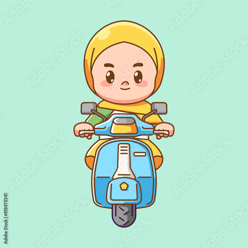 Cute hijab girl riding scooter kawaii chibi character mascot illustration outline style design