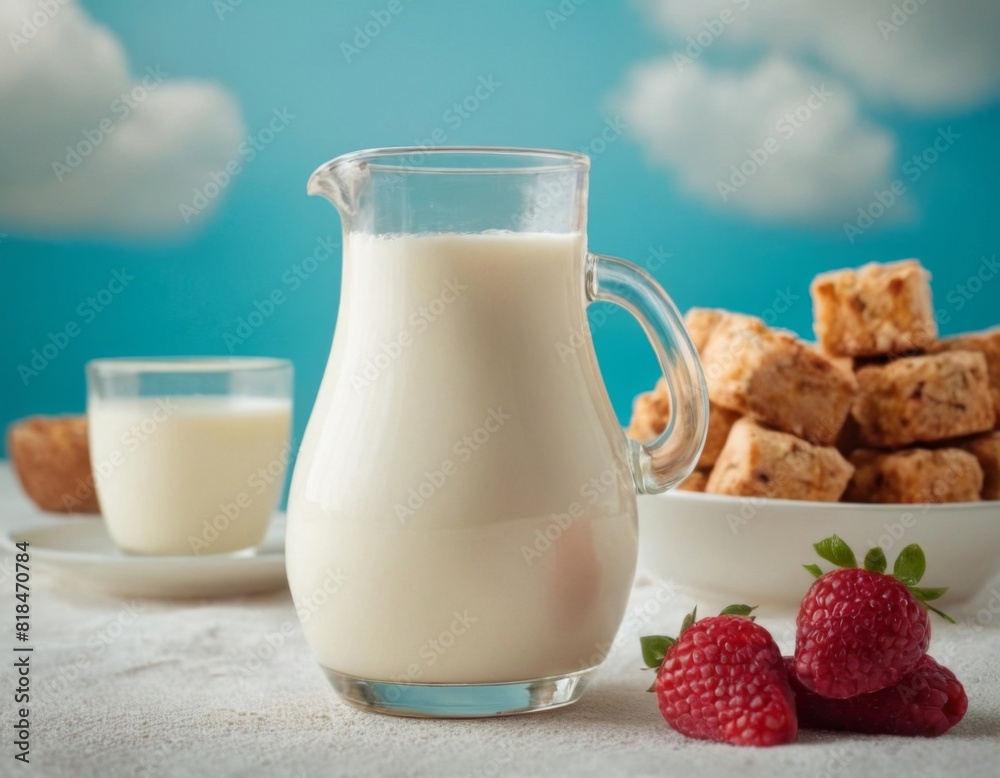 A pitcher of milk and a glass of milk are on a table