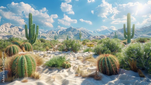 A desert scene with a few cacti and a mountain in the background