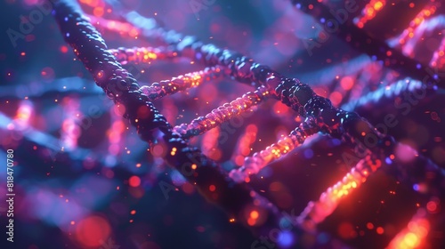 A close-up, colorful depiction of a DNA double helix structure, illuminated in vibrant reds and blues, representing genetic science and biotechnology. photo