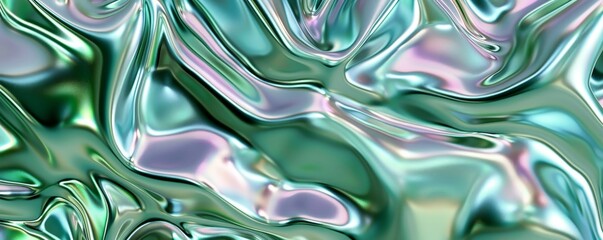 Liquid metallic texture with iridescent green tones, abstract background