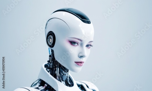 A robot with blue eyes and pink lips stands in front of a white background