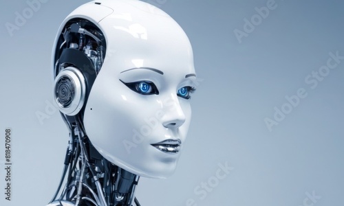 A robot with blue eyes and pink lips stands in front of a white background