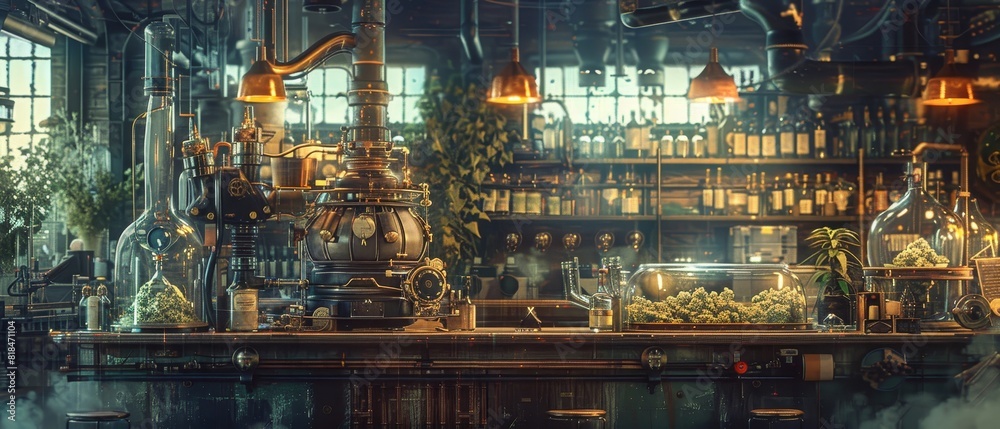 A vintage distillery setup with copper equipment, glass containers, and a variety of plants in an industrial-style setting with warm lighting.