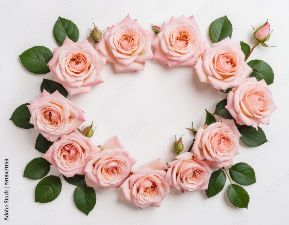 A white frame with pink roses surrounding it