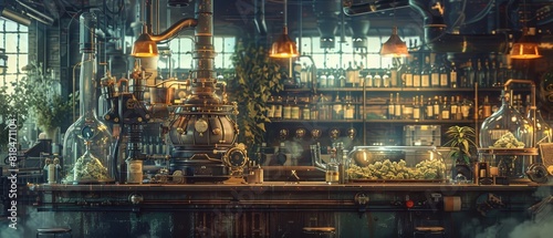 A vintage distillery setup with copper equipment  glass containers  and a variety of plants in an industrial-style setting with warm lighting.