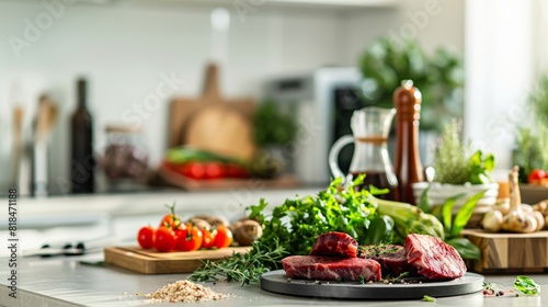 A vibrant display of various plant-based meat alternatives arranged on a modern kitchen counter with ample copy space for text or graphics