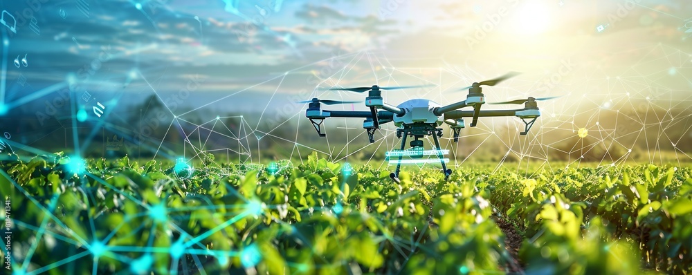 A drone flying over a green agricultural field with a digital overlay representing modern farming technology and precision agriculture.