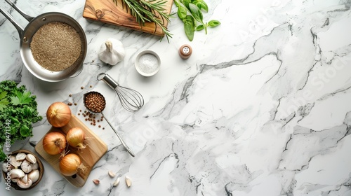 A top view of a modern kitchen counter showcasing plant-based meat alternatives, with neatly arranged ingredients and cooking utensils, leaving blank space for text or branding