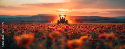 A tractor working in a colorful flower field during a stunning sunset, capturing the beauty of agriculture and nature together. #818471373
