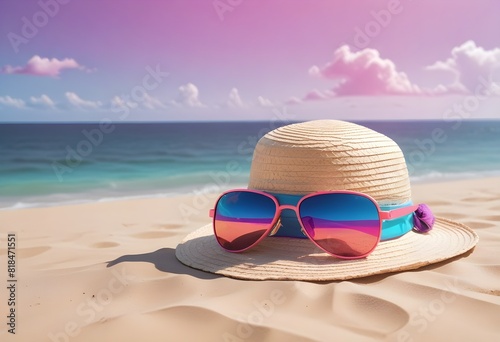  A white sun hat and sunglasses on a sandy beach with the ocean and blue sky in the background