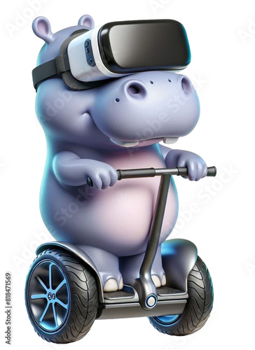 Hippo wears VR glasses and stands on a segway