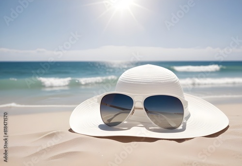  A white sun hat and sunglasses on a sandy beach with the ocean and blue sky in the background