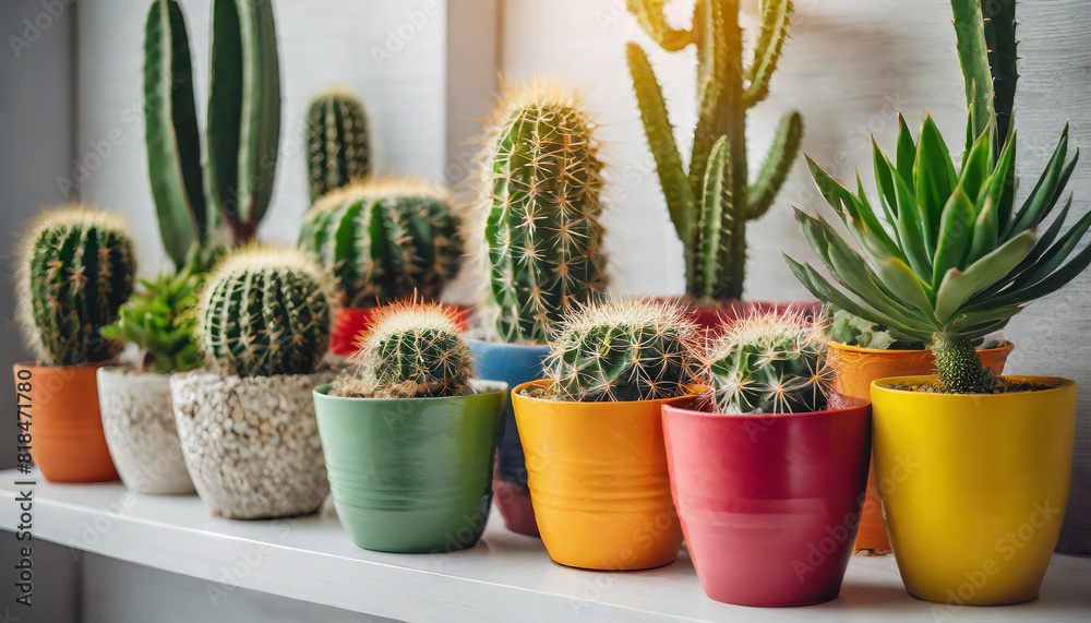 Colorful cactus collection in vibrant pots on white shelf