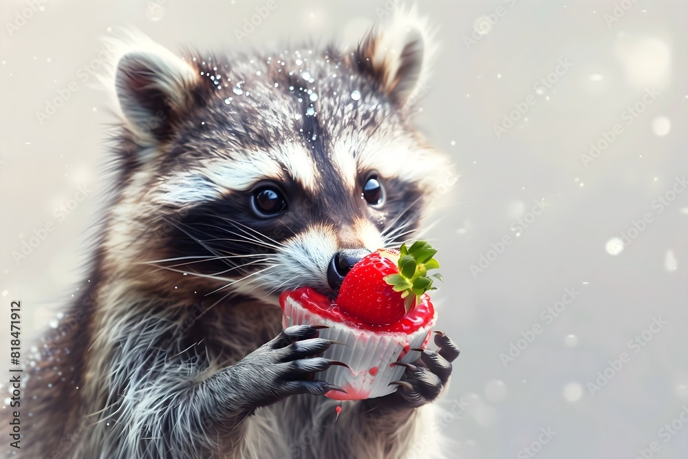 a cute and happy racoon is eating a strawberry cake, copy space, banner style, magical, whimsical 