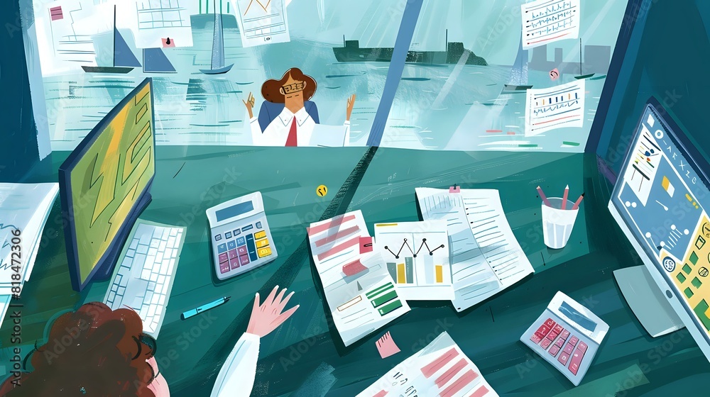 Detailed illustration of a Financial Officer in the workplace with spreadsheets and charts Detailed illustration of a Financial Officer in the workplace with spreadsheets and charts