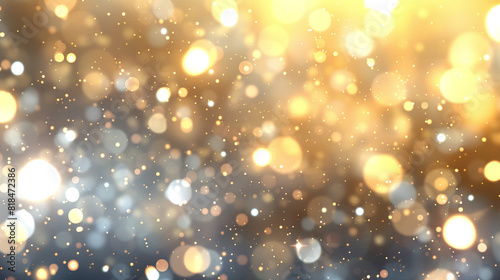 An abstract blur bokeh banner background with golden and white bokeh lights creating a festive, celebratory feel.