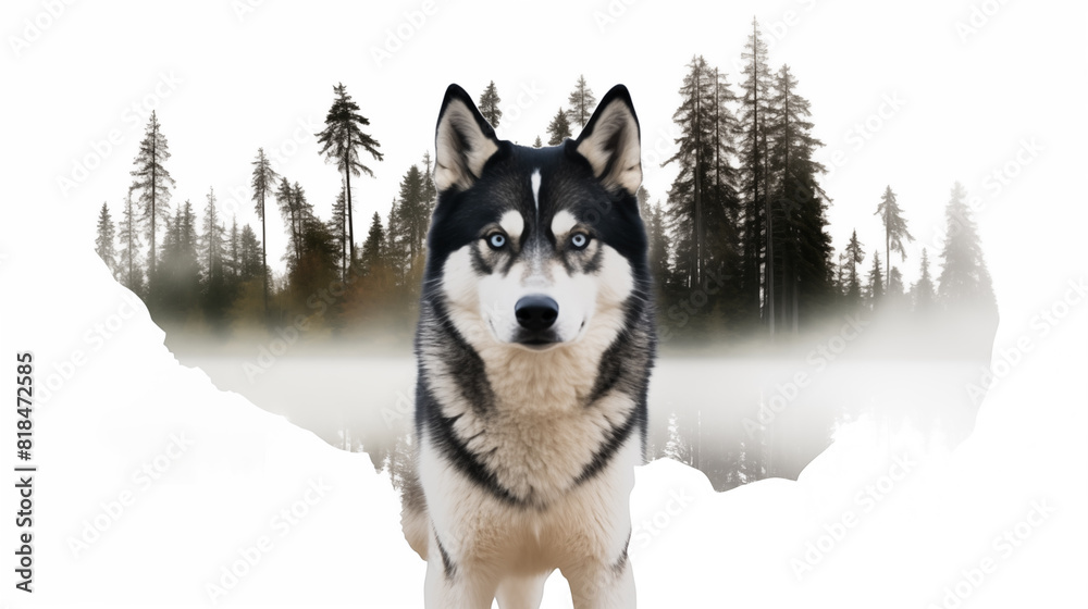 Naklejka premium Double Exposure White Background Husky in front of a forest illustration ~ Created using Generative AI