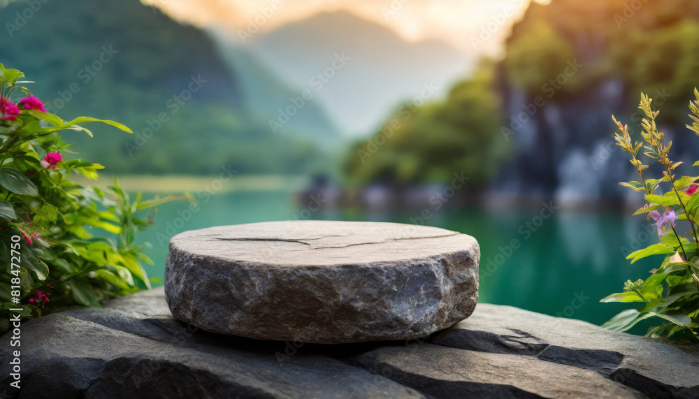 Empty round stone podium for cosmetics on blurred rock backdrop