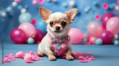 Small Puppy Chihuahua with Blue and Pink Background, Pet Party Invitation, Adorable Tricolor Chihuahua © UZAIR