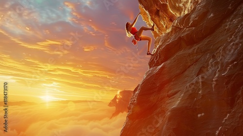 Woman rock climbing at sunset, with a breathtaking view of clouds below and a glowing horizon, symbolizing adventure and perseverance.