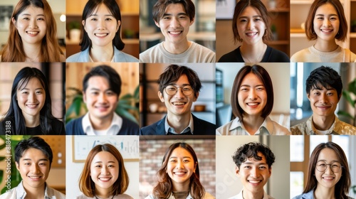 A diverse group of 15 people smiling warmly, each framed individually, radiating happiness and friendliness in various indoor settings. © kittikunfoto