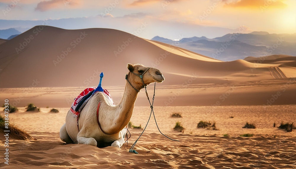 Fototapeta premium camel stranded in a vast, desolate desert, highlighting the stark and isolated landscape background