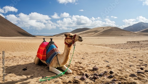 camel stranded in a vast  desolate desert  highlighting the stark and isolated landscape background