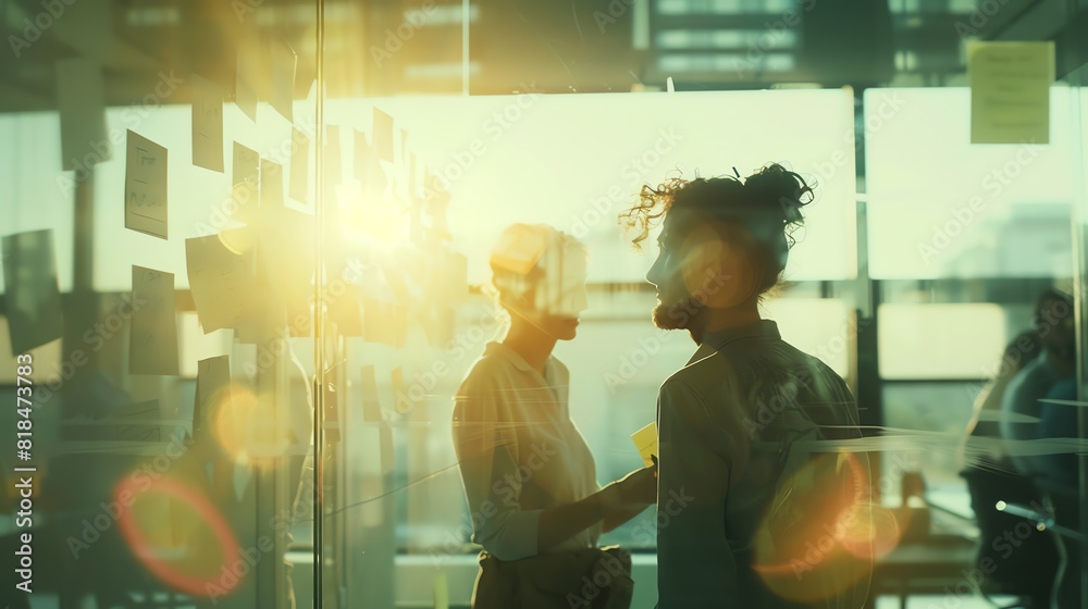 Two business professionals in a modern office are discussing ideas and brainstorming on a glass wall with sticky notes while the sun is setting. Two business professionals in a modern office are discussing ideas and brainstorming on a glass wall with sticky notes while the sun is setting.