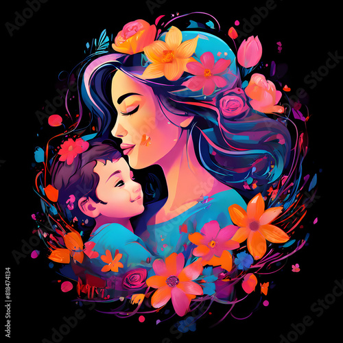 simple mother and child logo vector with abstract colors