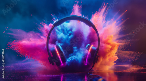 Striking image of headphones suspended against a backdrop of vivid, exploding neon colors, emanating a sense of dynamic movement and energy 