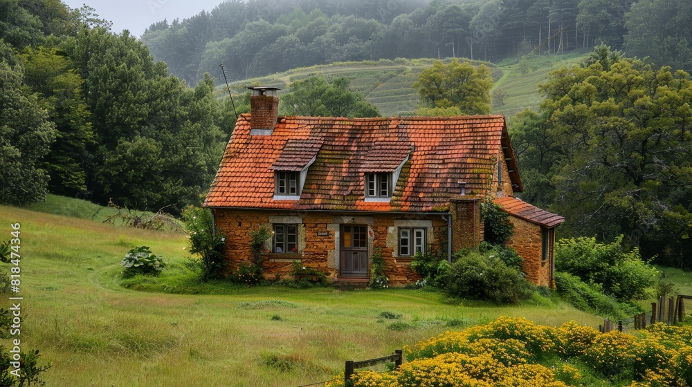 Old brick house amongst nature - This evocative image showcases an old, weathered brick house with a tiled roof, surrounded by wild greenery in a bucolic setting Old brick house amongst nature - This evocative image showcases an old, weathered brick house with a tiled roof, surrounded by wild greenery in a bucolic setting