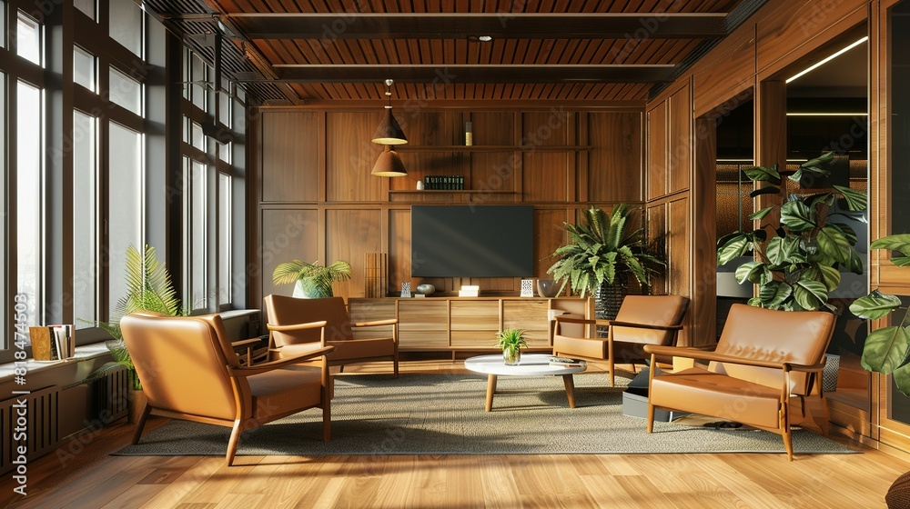 Wooden office waiting room with armchairs and TV, 3D rendering Wooden office waiting room with armchairs and TV, 3D rendering