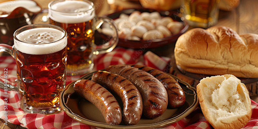 a table with sausages, buns and beer on it, generative AI a table with sausages, buns and beer on it, generative AI