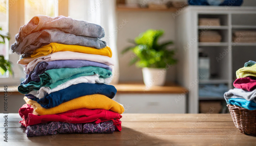 stack of clothes on table, symbolizing laundry chores, household organization, and decluttering stack of clothes on table, symbolizing laundry chores, household organization, and decluttering