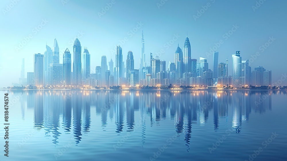 Fototapeta premium modern skyscrapers of a smart city futuristic financial district graphic perspective of buildings and reflections architectural blue background for corporate.stock photo