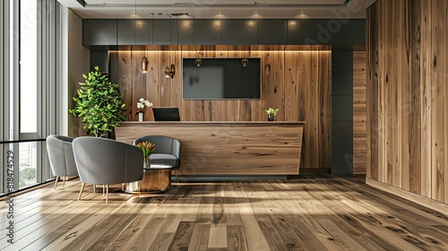 Wooden office waiting room with armchairs and TV, 3D rendering