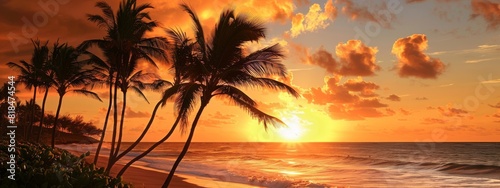 Sunset over a tropical beach with palm trees and waves crashing in the golden light. Created with Generative AI.