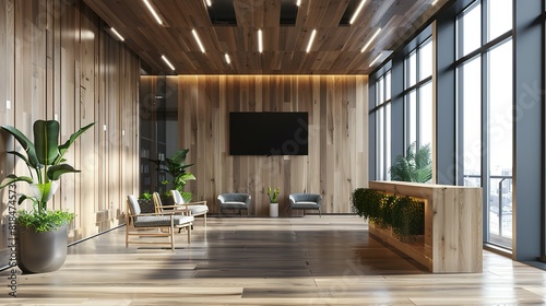 Wooden office waiting room with armchairs and TV, 3D rendering