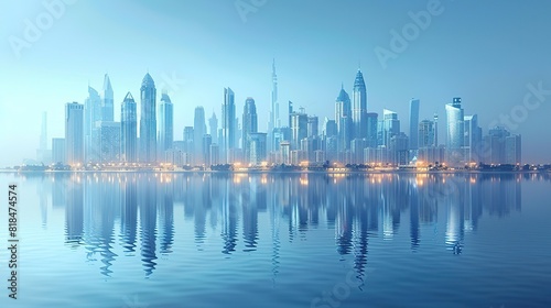 modern skyscrapers of a smart city futuristic financial district graphic perspective of buildings and reflections architectural blue background for corporate.stock photo