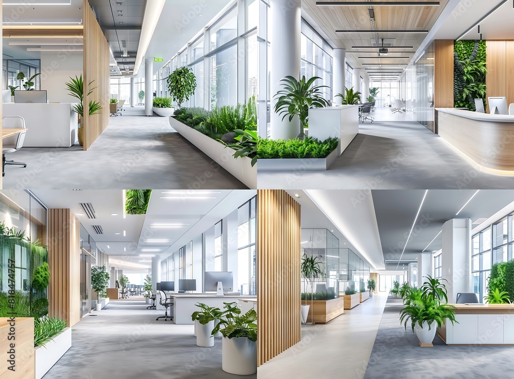 Modern office interior with white and light wood desks