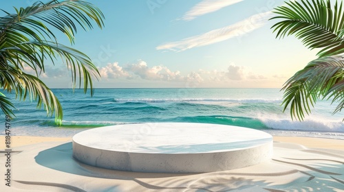 Tropical beach with podium on sand - A serene tropical beach scene featuring a circular podium on white sand  surrounded by palm trees with a clear blue ocean backdrop