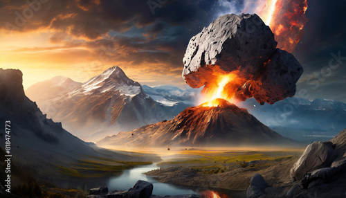 giant meteorite impact, symbolizing Earth's destruction with empty space for caption photo